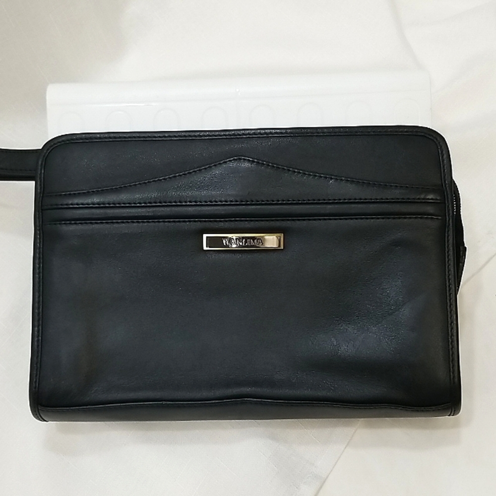 WANLIMA Black Real Leather Clutch Bag